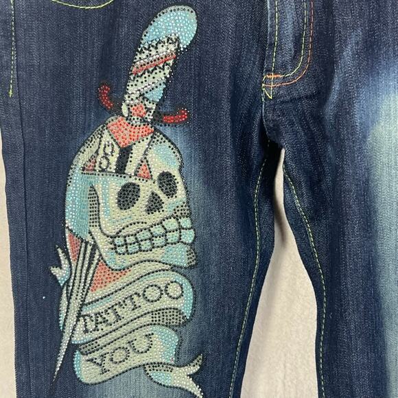 Ed Hardy X Christian Audigier Jeans Womens Size 30 Tattoo You Rhinestone Vintage - Picture 4 of 14